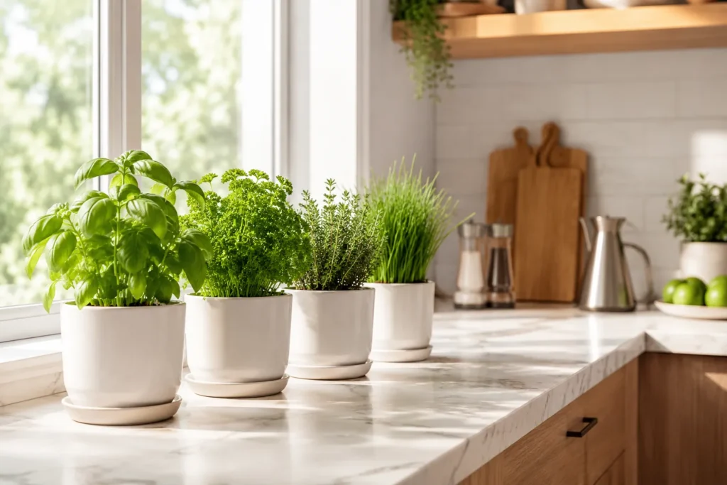 Modern countertop kitchen herb garden with basil, parsley, thyme, and chives growing in matching white ceramic pots beside a sunny kitchen window.