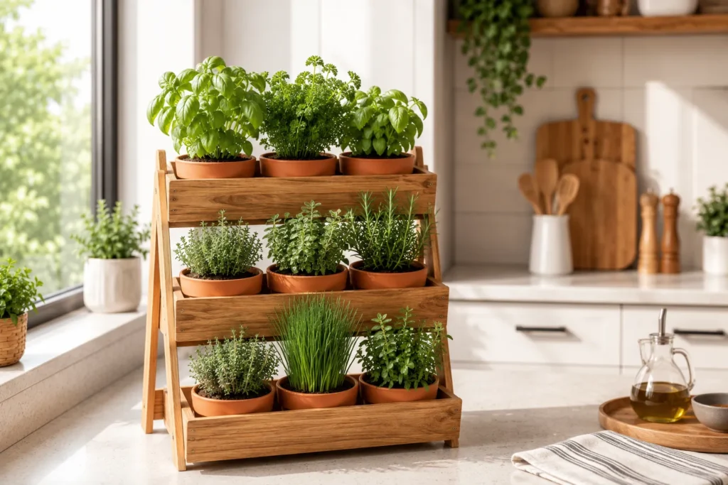 Tiered kitchen herb planters for small spaces with basil, parsley, thyme, rosemary, oregano, and chives on a sunny countertop.