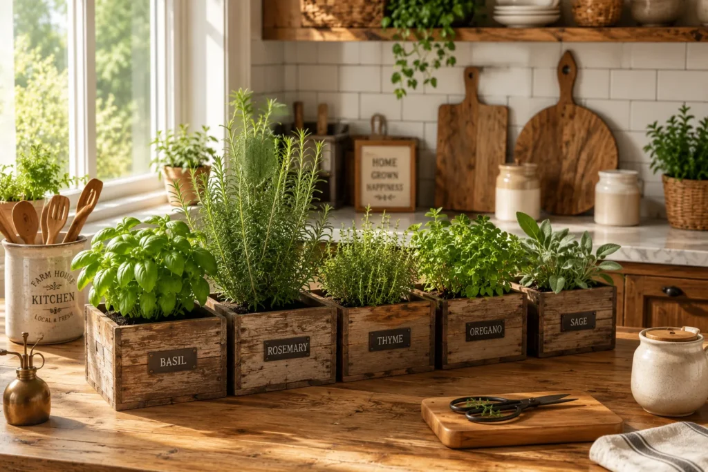 Rustic wooden herb planters with basil, rosemary, thyme, oregano, and sage displayed on a warm kitchen countertop beside a sunny window.