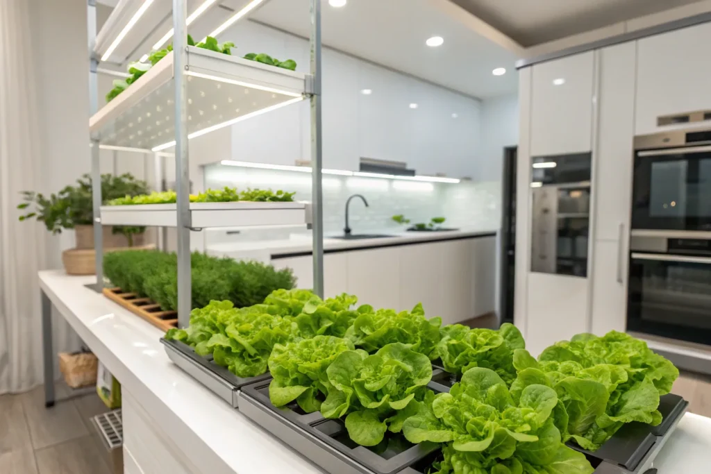 Fresh hydroponic lettuce growing indoors in a deep water culture system with healthy green leaves