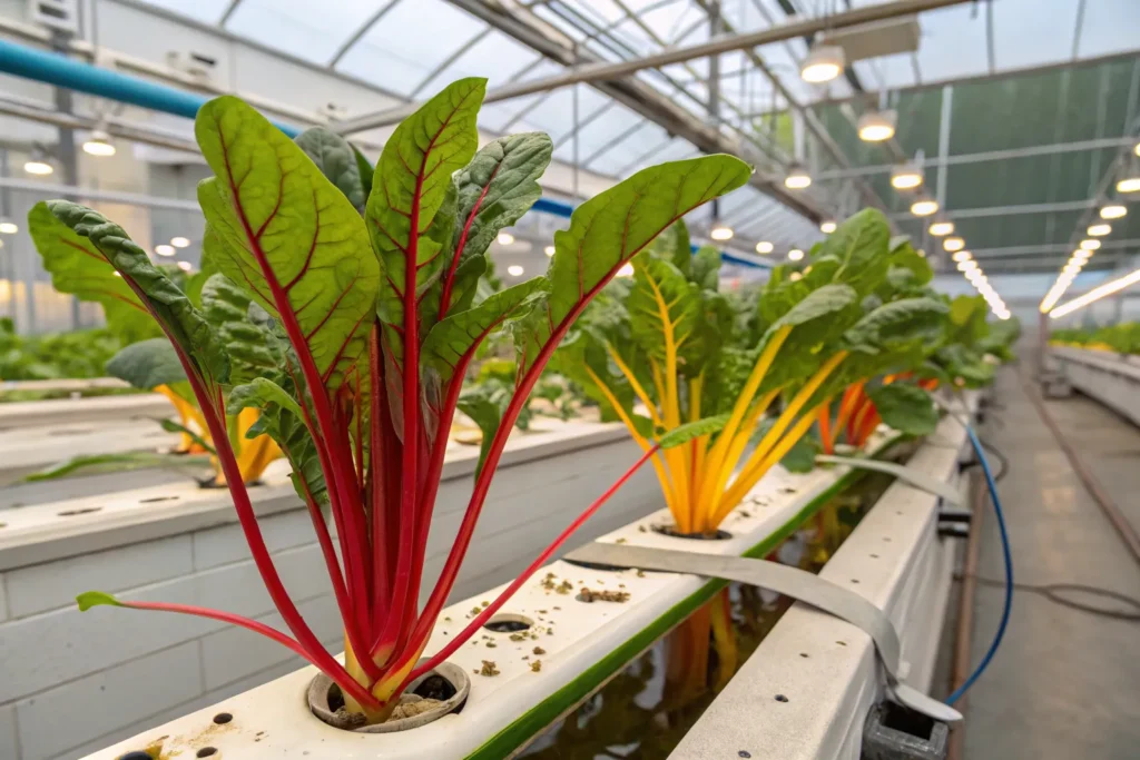 Hydroponic Swiss chard with colorful stems and healthy green leaves growing indoors