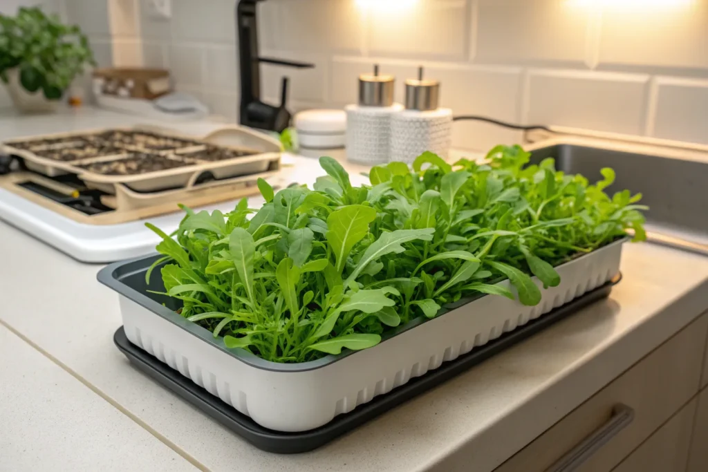 Fresh hydroponic arugula growing indoors with tender peppery leaves ready for harvest