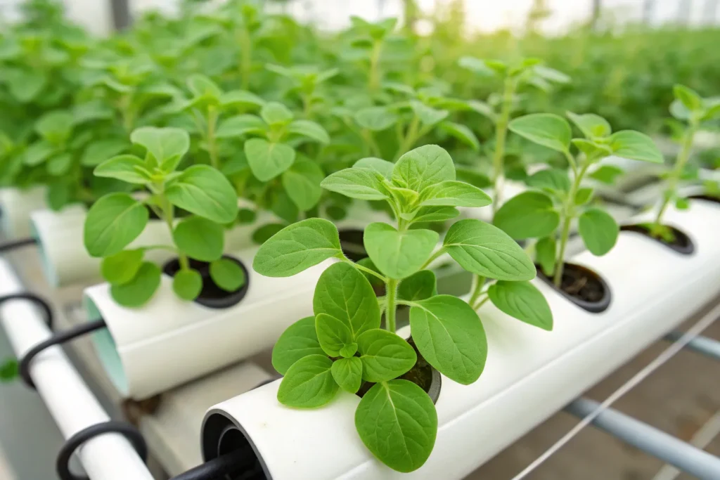 Hydroponic oregano plants growing indoors with aromatic green leaves in a compact hydroponic system