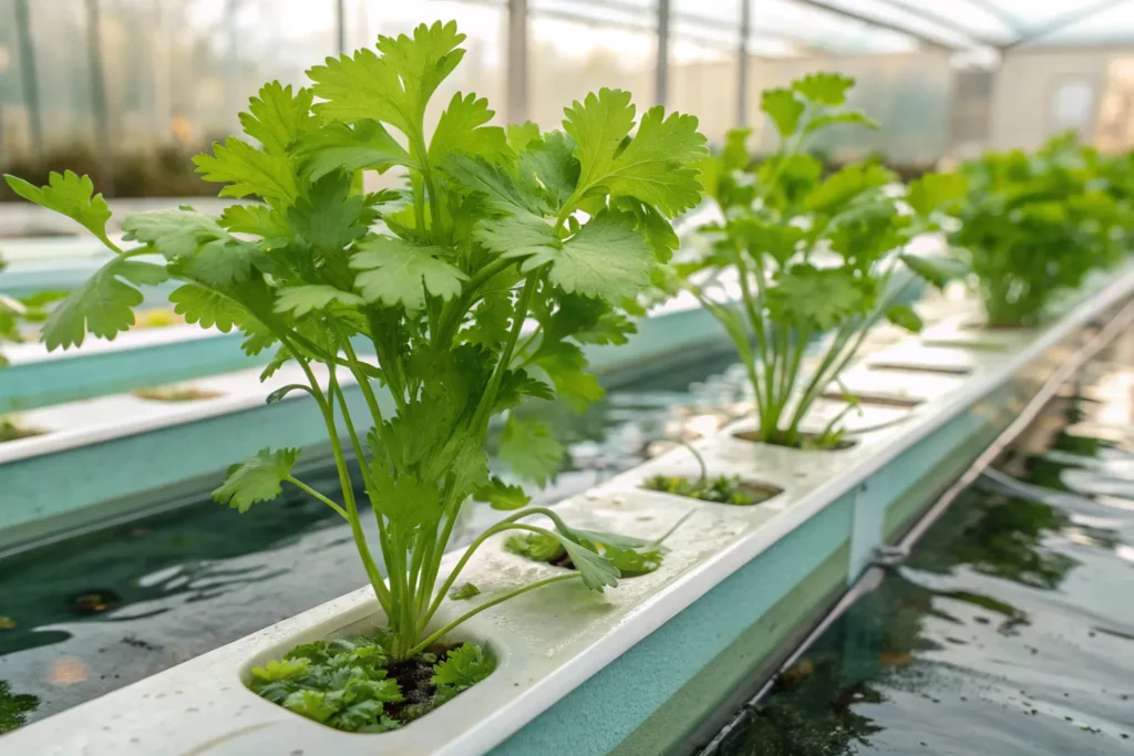 Healthy hydroponic cilantro growing indoors with lush green leaves in nutrient-rich water