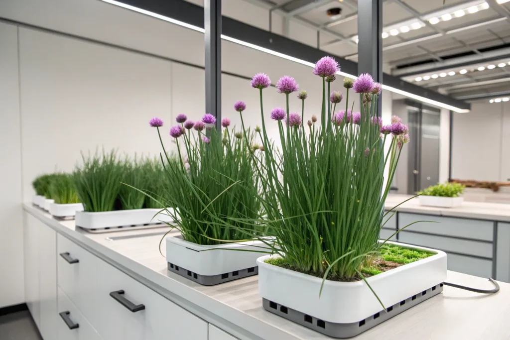 Fresh hydroponic chives growing indoors with slender green stems in a countertop garden