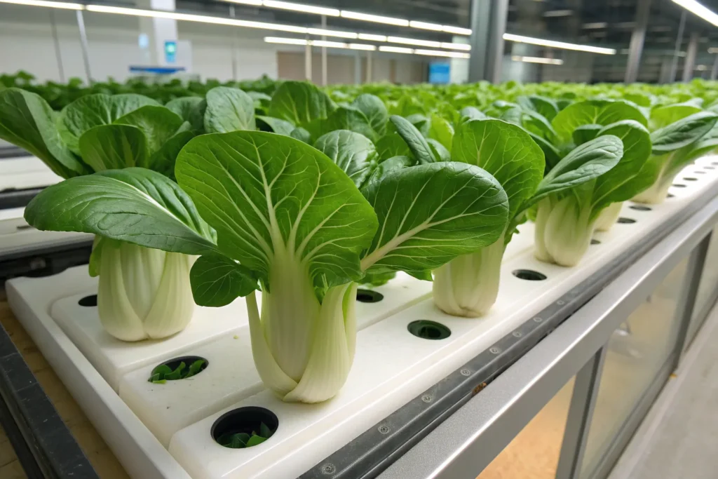Hydroponic bok choy growing indoors with crisp white stems and vibrant green leaves ready to harvest