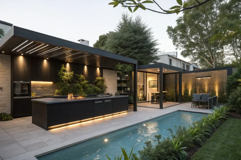 18 Stunning Backyard Kitchens and Pools for the Ultimate Outdoor Retreat 3 Modern elegant backyard with black kitchen cabinetry, warm lighting, sleek pool, and greenery accents.