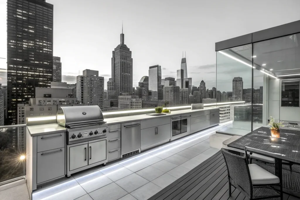 Rooftop deck kitchen with modern stainless steel design and skyline views.