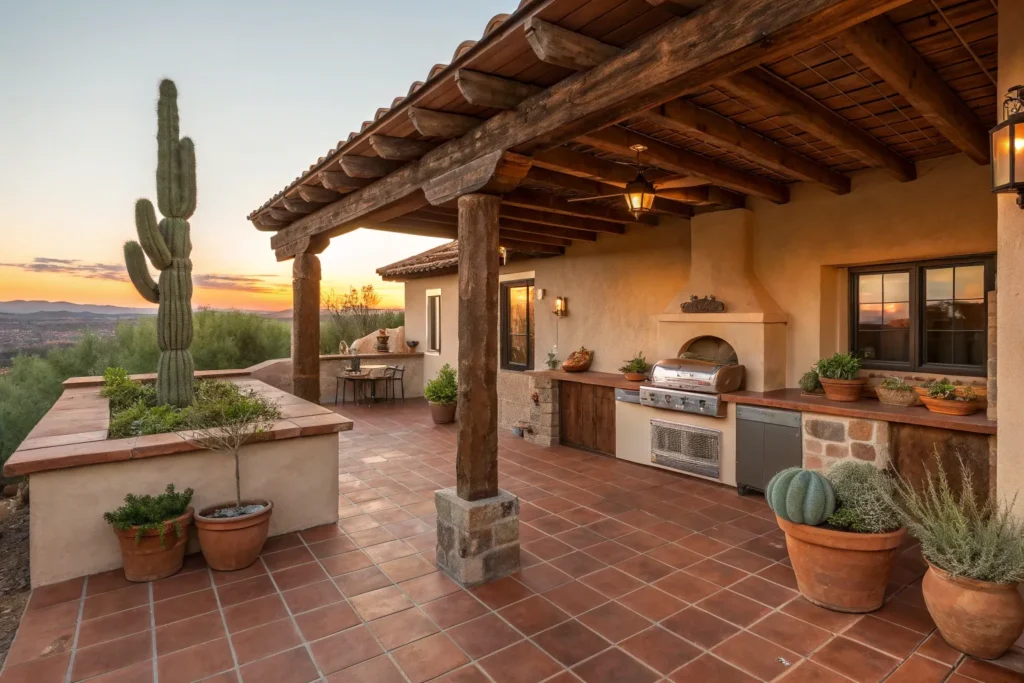 Adobe-inspired deck kitchen with terracotta tiles, stucco walls, and rustic beams.