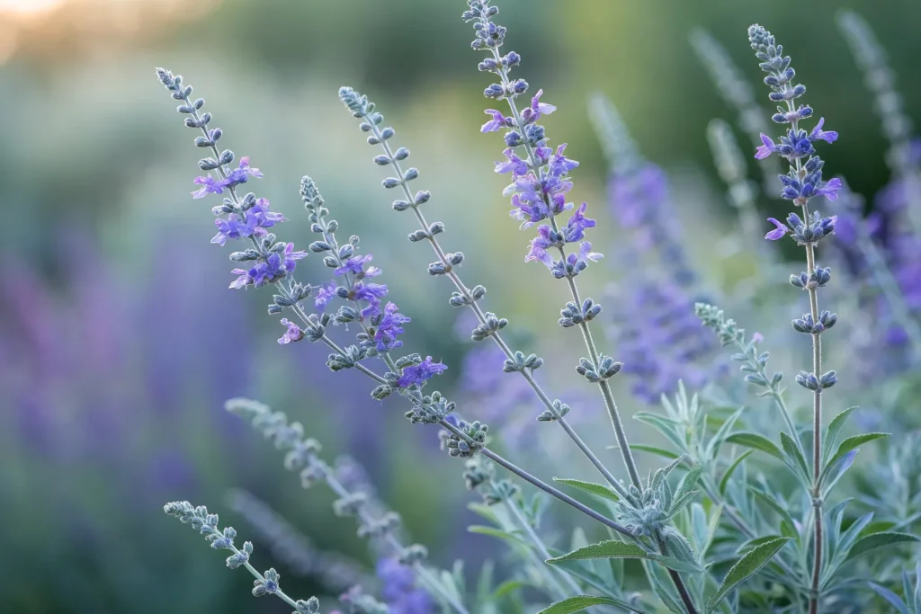 26 Beautiful September Flowers for a Colorful Fall Garden 19 Russian Sage with lavender-blue flowers and silvery leaves blooming in September.