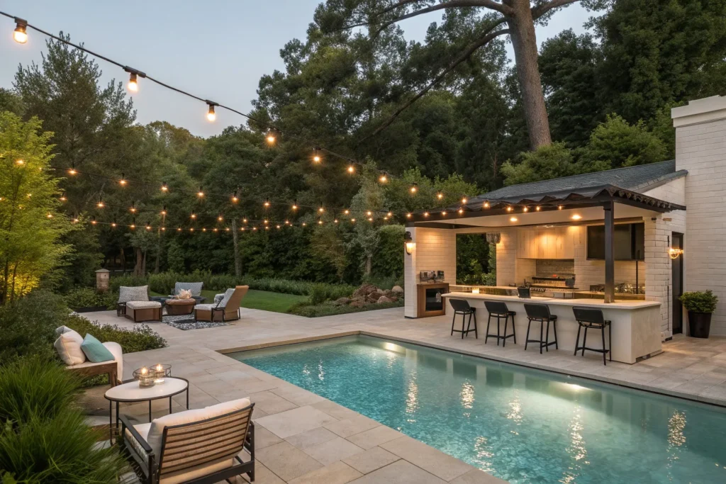 Mediterranean backyard with serene blue pool, lavender, stone accents, olive trees, and rustic outdoor kitchen.