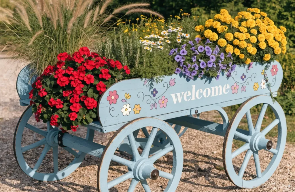 20 Beautiful Wheelbarrow Planter Ideas to Transform Your Garden 20 DIY painted garden cart planter filled with colorful flowers and herbs