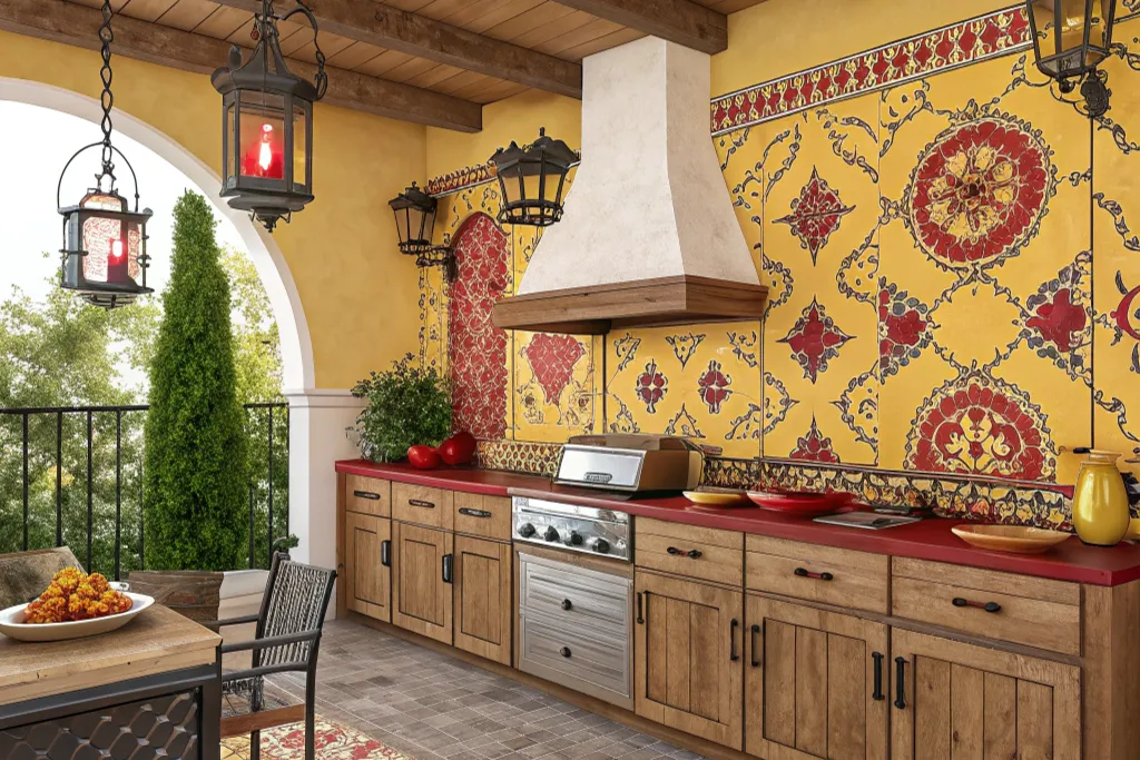 Mediterranean outdoor deck kitchen with colorful tiles and rustic wooden cabinetry.