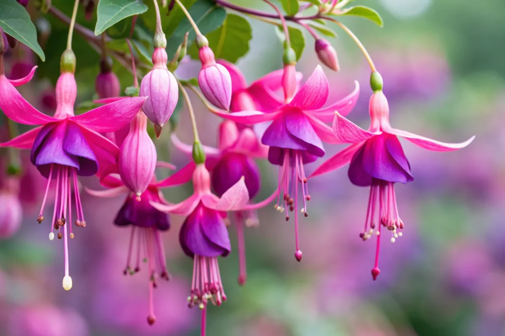 23 Gorgeous Fall Blooming Flowers to Keep Your Garden Colorful 20 Pink and purple Fuchsia flowers blooming in a hanging basket.