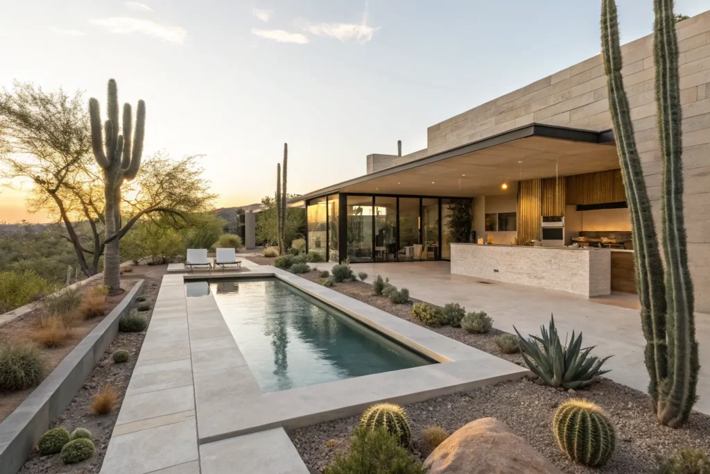 Backyard kitchens and pools featuring a poolside cooking area with a built-in grill, pergola, comfortable seating, and lush tropical landscaping
