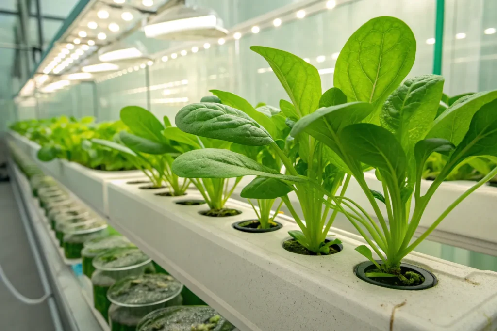 Hydroponic spinach plants thriving indoors with lush green leaves in a nutrient-rich water system