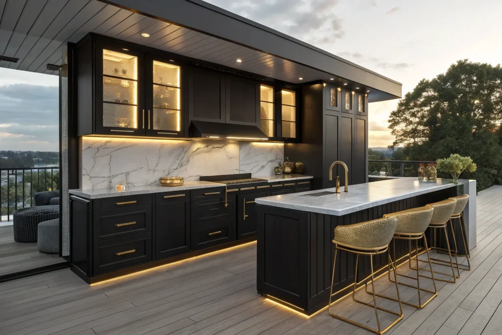 Luxurious outdoor deck kitchen with black-stained wood, marble counters, and gold fixtures.