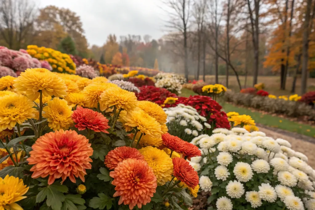 26 Beautiful September Flowers for a Colorful Fall Garden 3 Bright chrysanthemums in yellow, orange, red, and white adding color to a fall garden.
