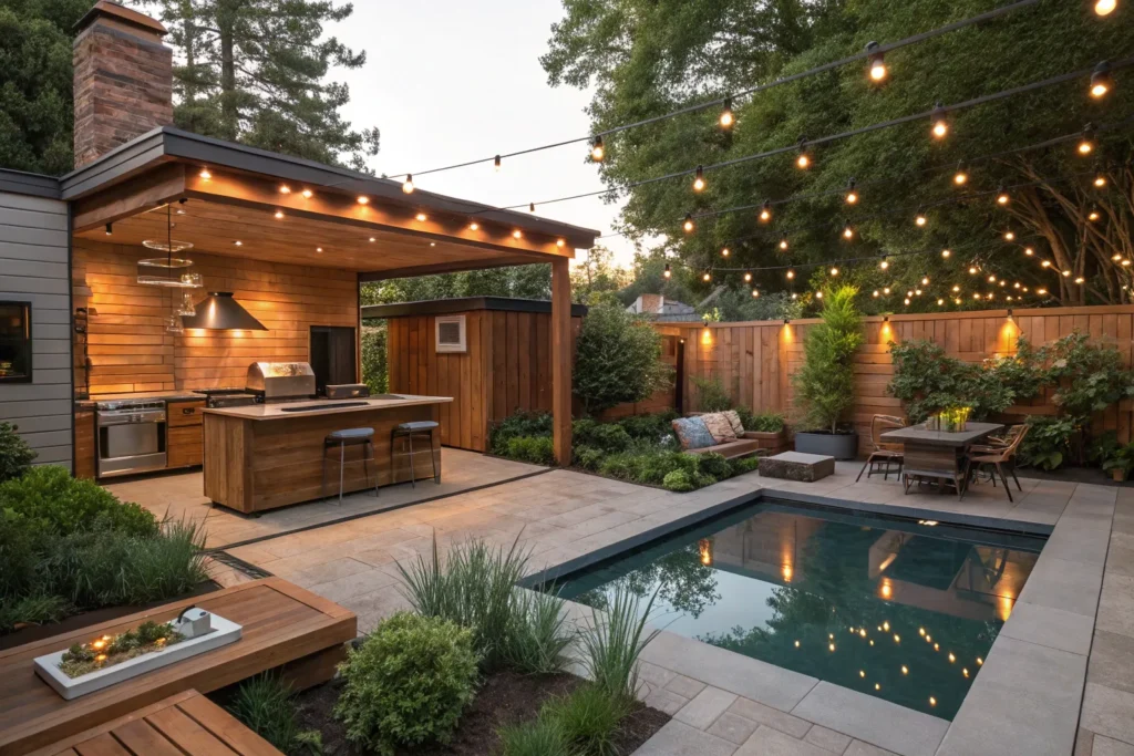 Backyard kitchens and pools showcasing a contemporary outdoor kitchen, sparkling pool, cozy lounge space, and elegant backyard entertaining area