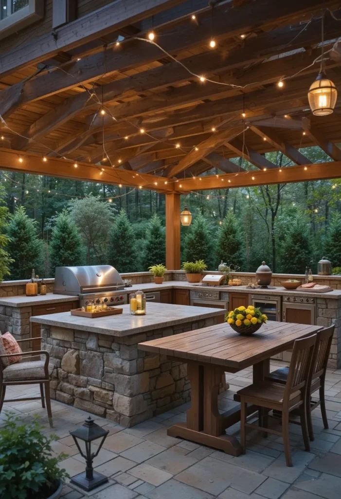 20 Rustic Outdoor Kitchen Design Ideas: Pizza Ovens, Sinks, Fireplaces & More 1 Rustic outdoor kitchen with stone island, reclaimed wood cabinets, string lights, and farmhouse dining under a pergola for a cozy backyard vibe.