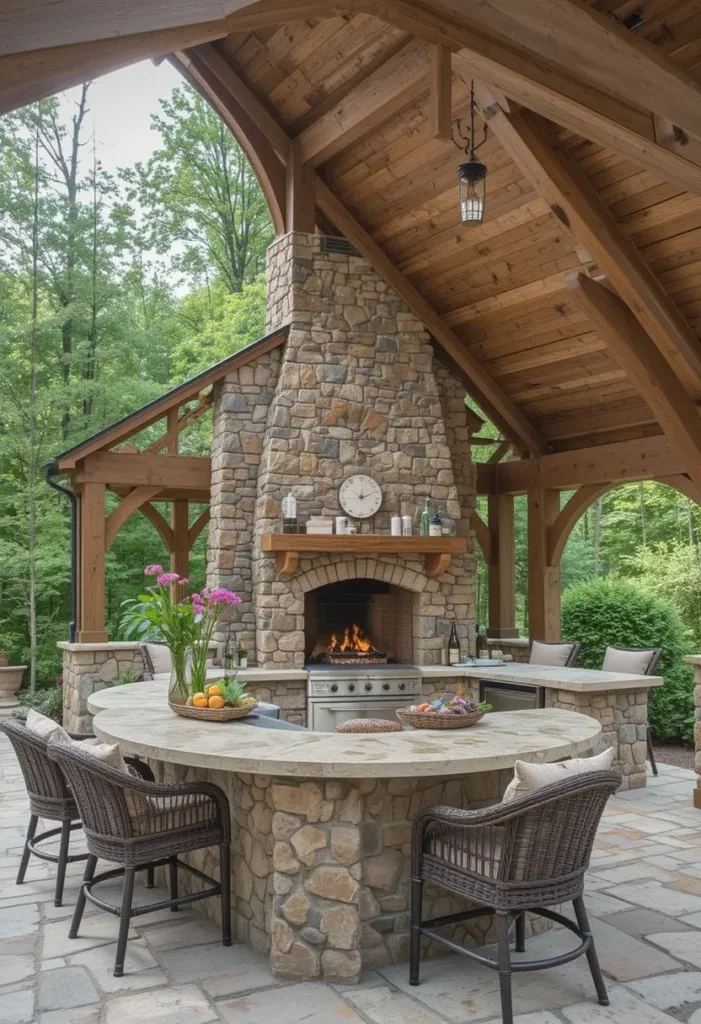 20 Rustic Outdoor Kitchen Design Ideas: Pizza Ovens, Sinks, Fireplaces & More 2 Rustic outdoor kitchen with stone fireplace and wooden beams, creating a cozy farmhouse feel.