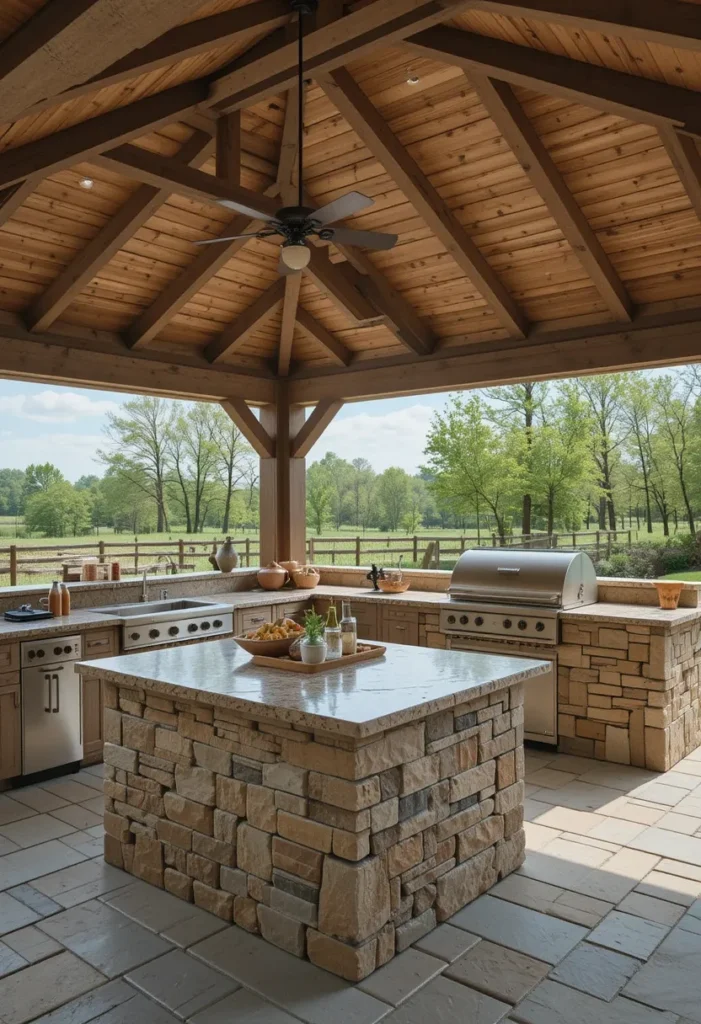 20 Rustic Outdoor Kitchen Design Ideas: Pizza Ovens, Sinks, Fireplaces & More 11 Rustic open-air outdoor kitchen with stone island and wooden roof.