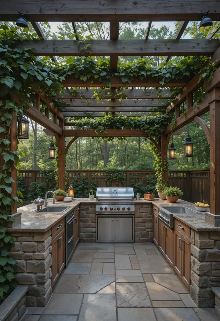20 Rustic Outdoor Kitchen Design Ideas: Pizza Ovens, Sinks, Fireplaces & More 12 Outdoor kitchen with wooden pergola, climbing vines, stone counters, and built-in grill for rustic backyard style.