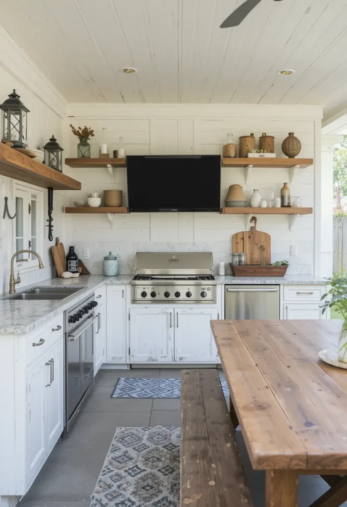 20 Rustic Outdoor Kitchen Design Ideas: Pizza Ovens, Sinks, Fireplaces & More 13 Farmhouse outdoor kitchen with whitewashed cabinets, rustic shelves, lanterns, and reclaimed wood table.