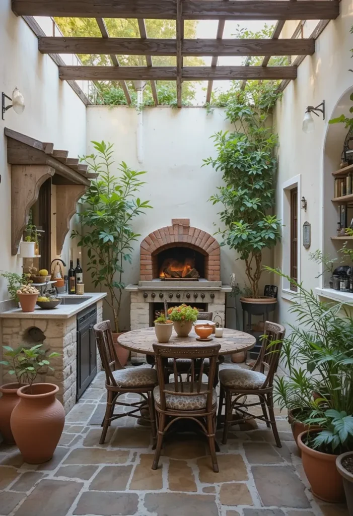 20 Rustic Outdoor Kitchen Design Ideas: Pizza Ovens, Sinks, Fireplaces & More 14 Courtyard outdoor kitchen with stone floor, brick oven, terracotta planters, and cozy dining nook.