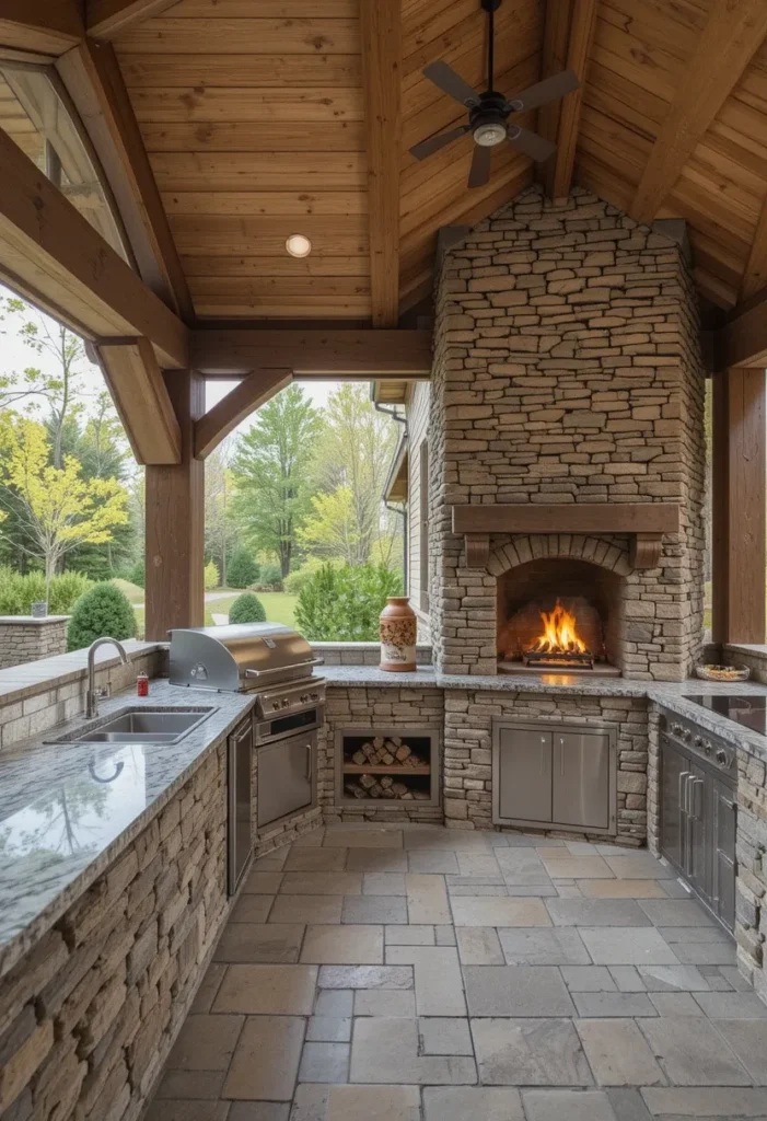 20 Rustic Outdoor Kitchen Design Ideas: Pizza Ovens, Sinks, Fireplaces & More 15 Rustic stone and timber outdoor kitchen with granite counters and large fireplace.