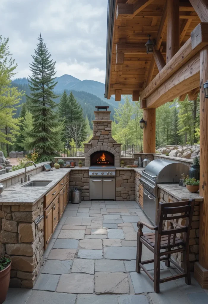20 Rustic Outdoor Kitchen Design Ideas: Pizza Ovens, Sinks, Fireplaces & More 16 Mountain-style rustic outdoor kitchen with log seating, stone counters, and wood-burning oven.