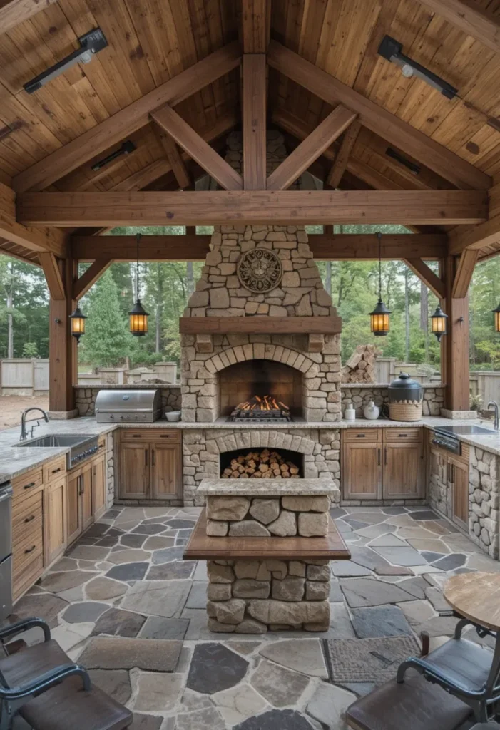 20 Rustic Outdoor Kitchen Design Ideas: Pizza Ovens, Sinks, Fireplaces & More 17 Rustic outdoor kitchen with stone fireplace, wood storage, and cozy farmhouse seating.