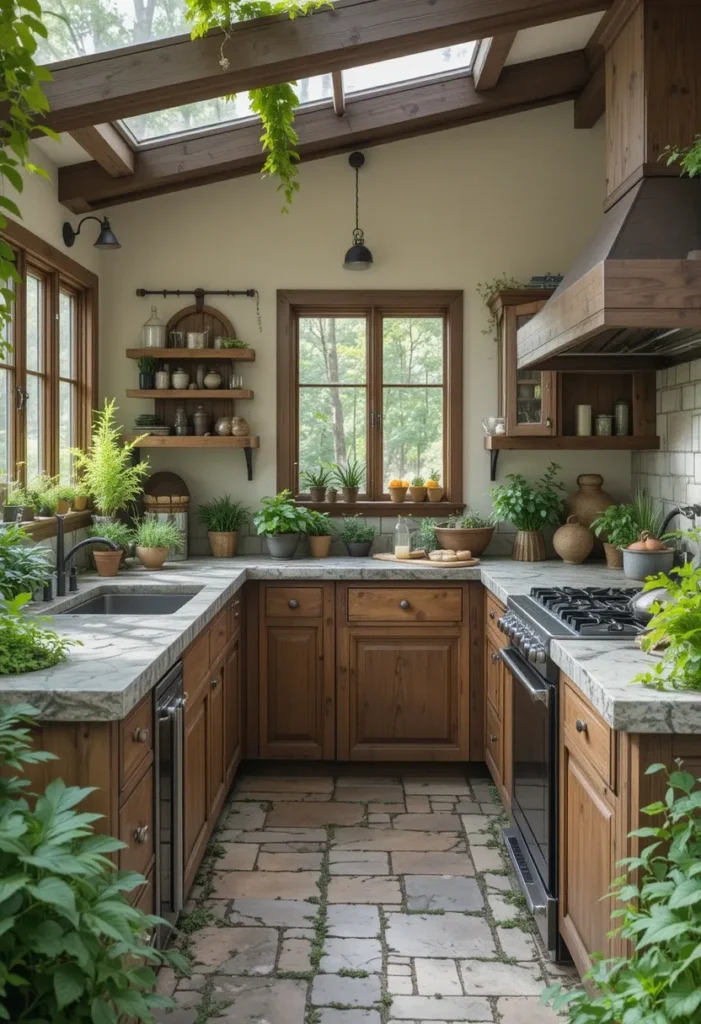 20 Rustic Outdoor Kitchen Design Ideas: Pizza Ovens, Sinks, Fireplaces & More 18 Garden-inspired rustic outdoor kitchen with stone counters, wooden cabinets, and fresh herbs.