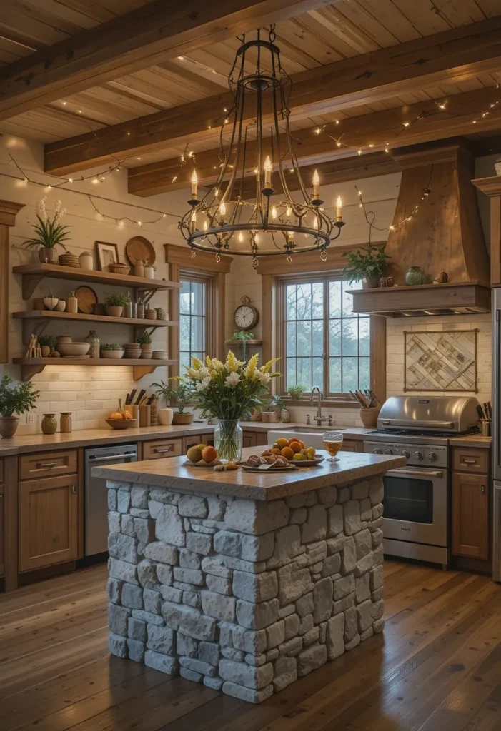 20 Rustic Outdoor Kitchen Design Ideas: Pizza Ovens, Sinks, Fireplaces & More 19 Rustic outdoor kitchen with string lights, wooden counters, stone grill island, and cozy atmosphere.