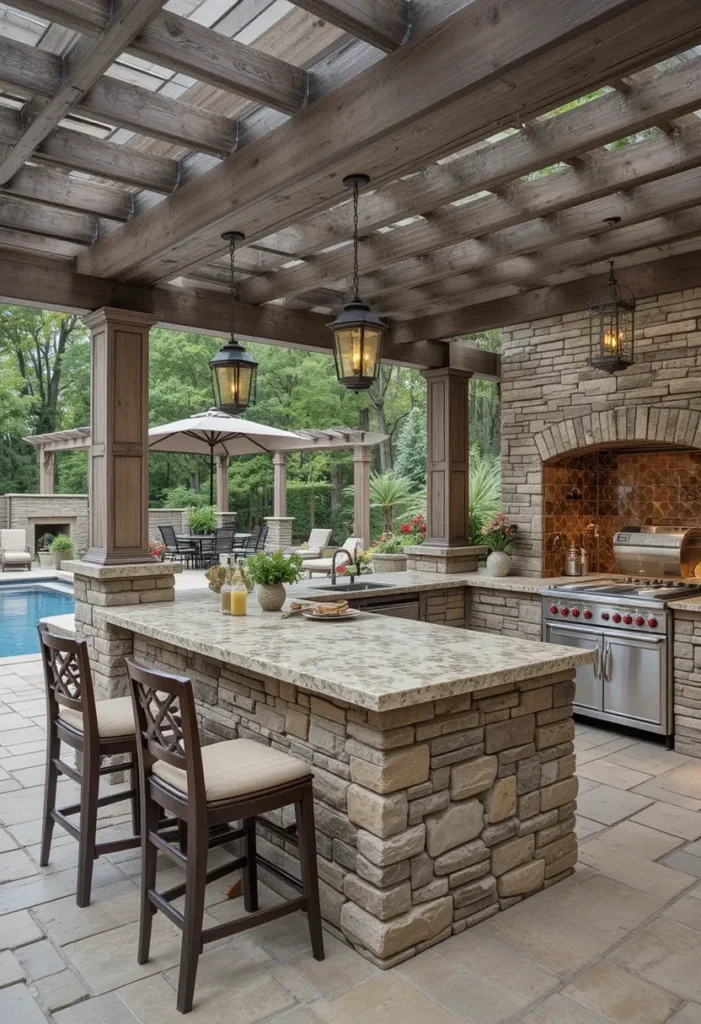 20 Rustic Outdoor Kitchen Design Ideas: Pizza Ovens, Sinks, Fireplaces & More 20 Poolside rustic outdoor kitchen with stone counters, pergola, and bar seating.