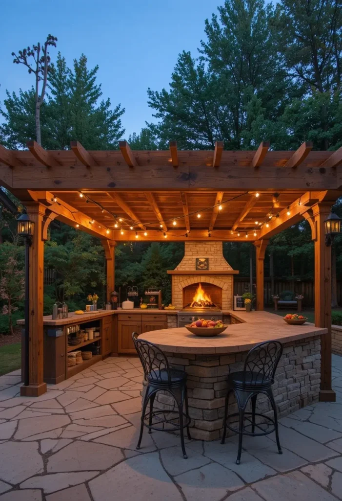 20 Rustic Outdoor Kitchen Design Ideas: Pizza Ovens, Sinks, Fireplaces & More 3 Rustic kitchen under a wooden pergola with string lights and brick oven.