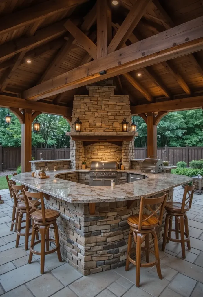 20 Rustic Outdoor Kitchen Design Ideas: Pizza Ovens, Sinks, Fireplaces & More 21 Rustic covered patio kitchen with exposed beams, stone counters, and wooden seating.