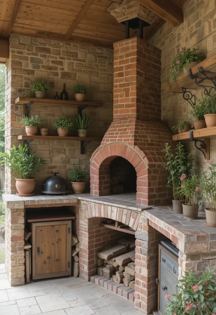 20 Rustic Outdoor Kitchen Design Ideas: Pizza Ovens, Sinks, Fireplaces & More 4 Outdoor rustic kitchen with red brick pizza oven and wooden shelving.
