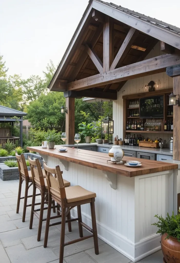 20 Rustic Outdoor Kitchen Design Ideas: Pizza Ovens, Sinks, Fireplaces & More 5 Farmhouse-style rustic outdoor bar with wooden counter and lantern lights.