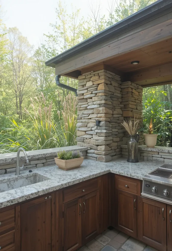 20 Rustic Outdoor Kitchen Design Ideas: Pizza Ovens, Sinks, Fireplaces & More 6 Rustic outdoor kitchen with stone walls and reclaimed wood cabinets.