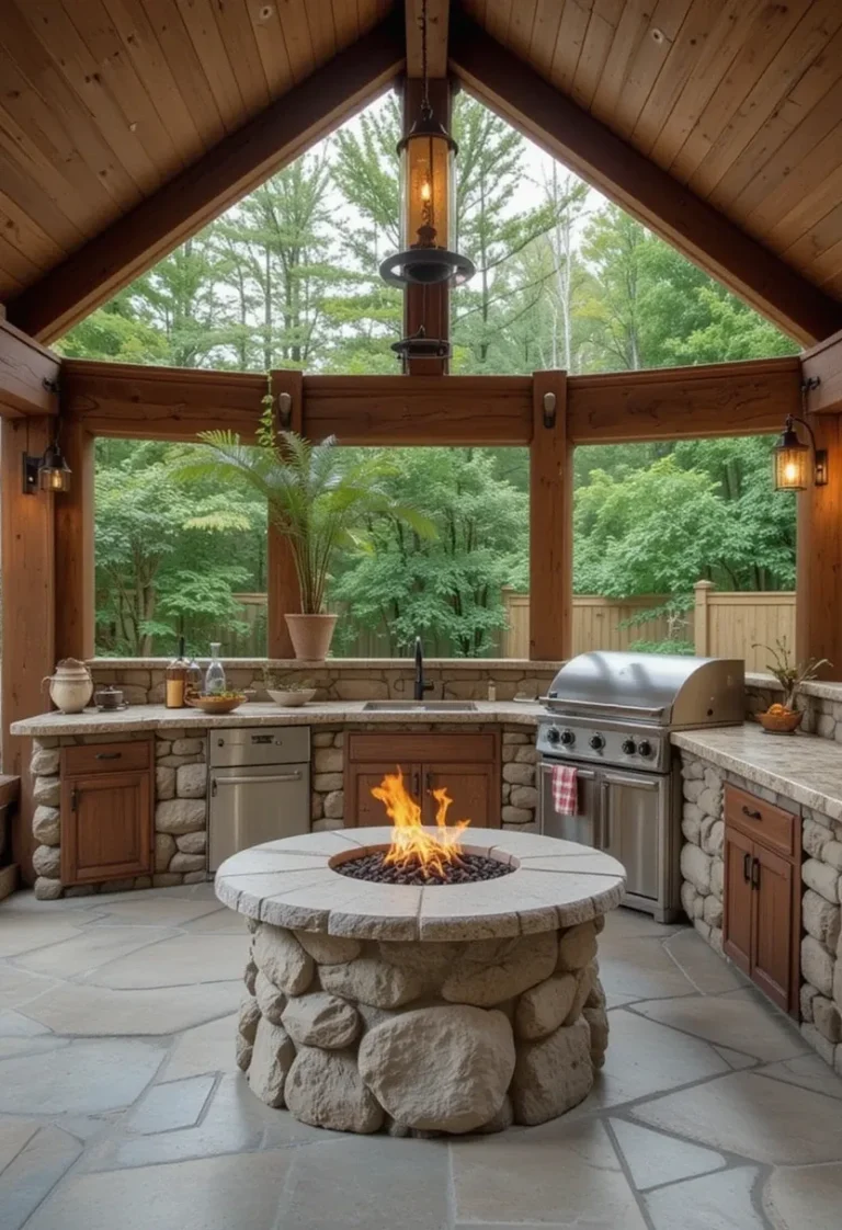 20 Rustic Outdoor Kitchen Design Ideas: Pizza Ovens, Sinks, Fireplaces & More 1 Cabin-style rustic outdoor kitchen with log walls and stone fire pit.