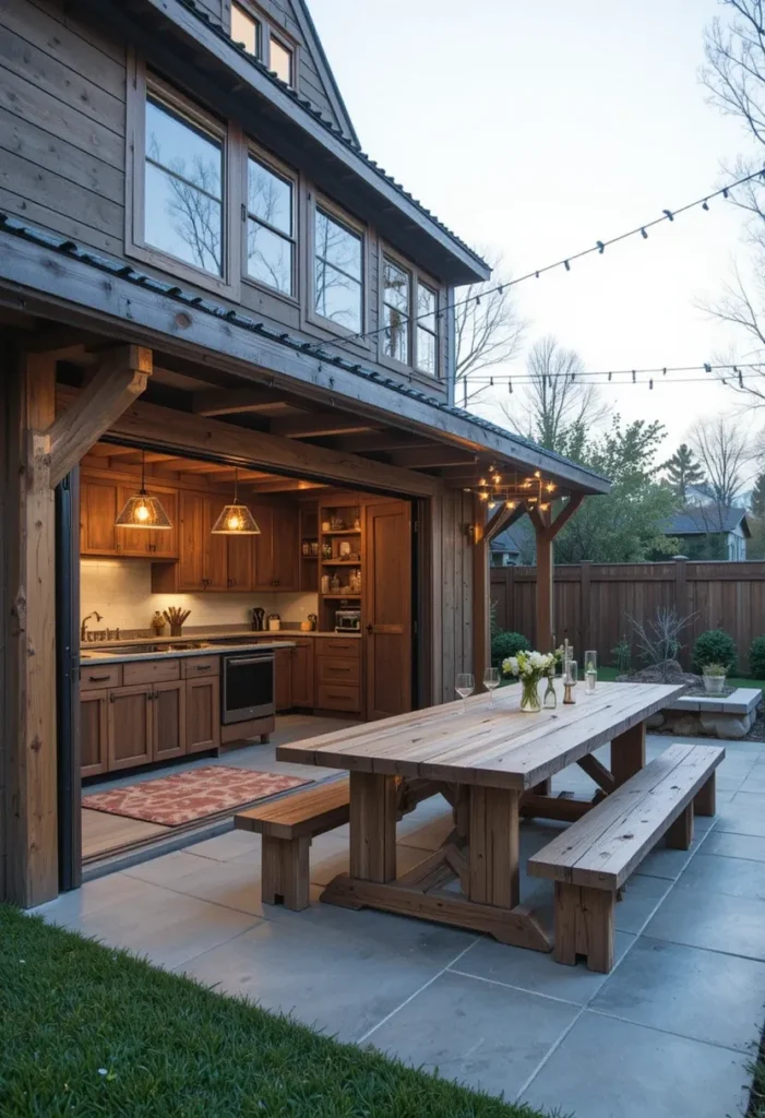 20 Rustic Outdoor Kitchen Design Ideas: Pizza Ovens, Sinks, Fireplaces & More 8 Rustic outdoor kitchen with farmhouse dining table and benches.