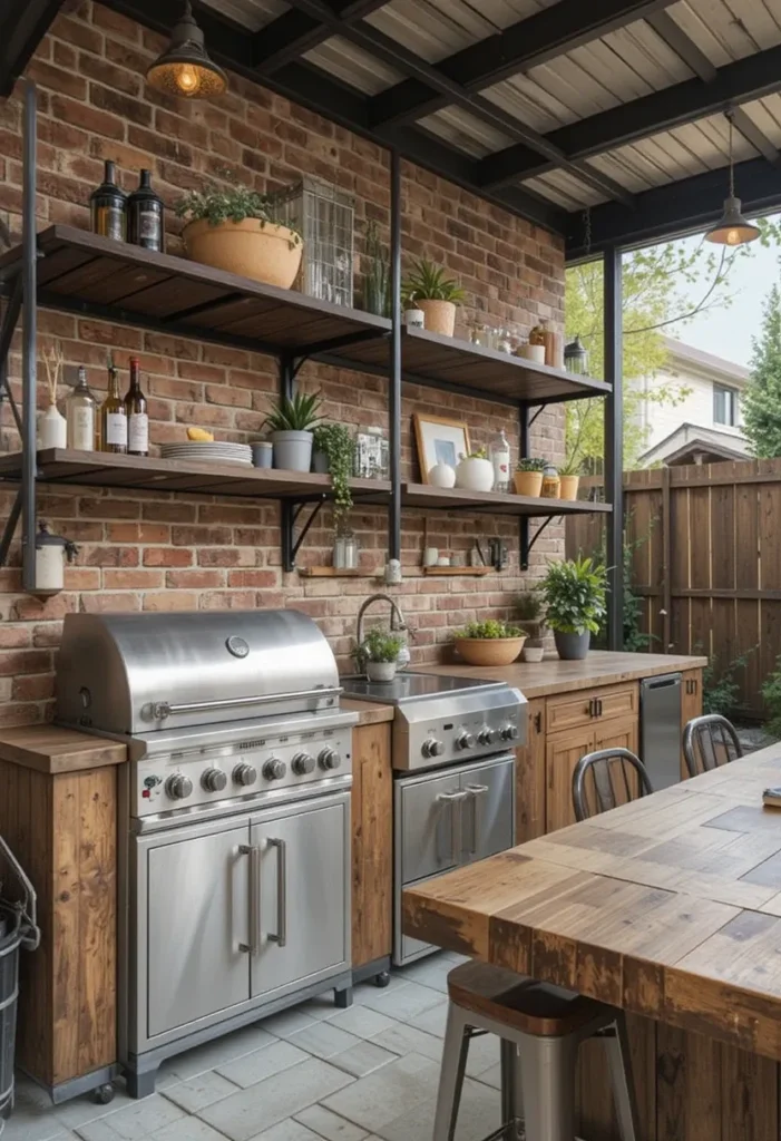20 Rustic Outdoor Kitchen Design Ideas: Pizza Ovens, Sinks, Fireplaces & More 9 Rustic outdoor kitchen with industrial touches, brick walls, and wooden counters.