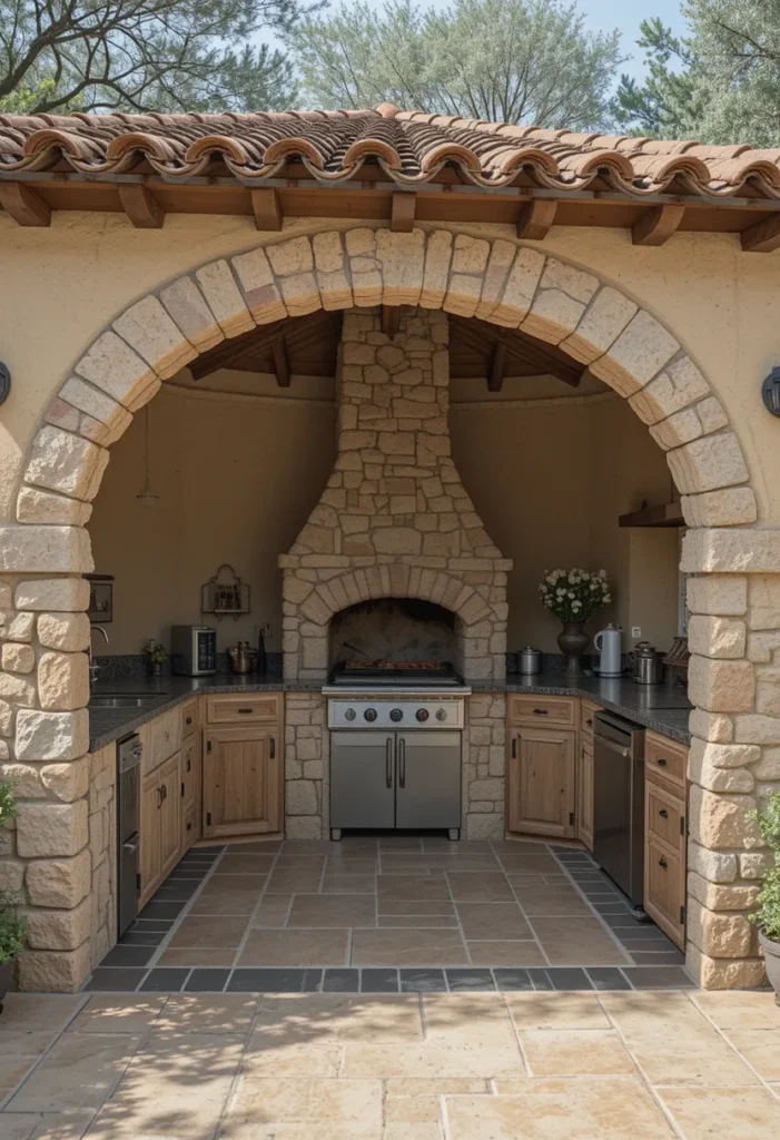 20 Rustic Outdoor Kitchen Design Ideas: Pizza Ovens, Sinks, Fireplaces & More 10 Mediterranean rustic outdoor kitchen with arched stone walls and clay tile roof.