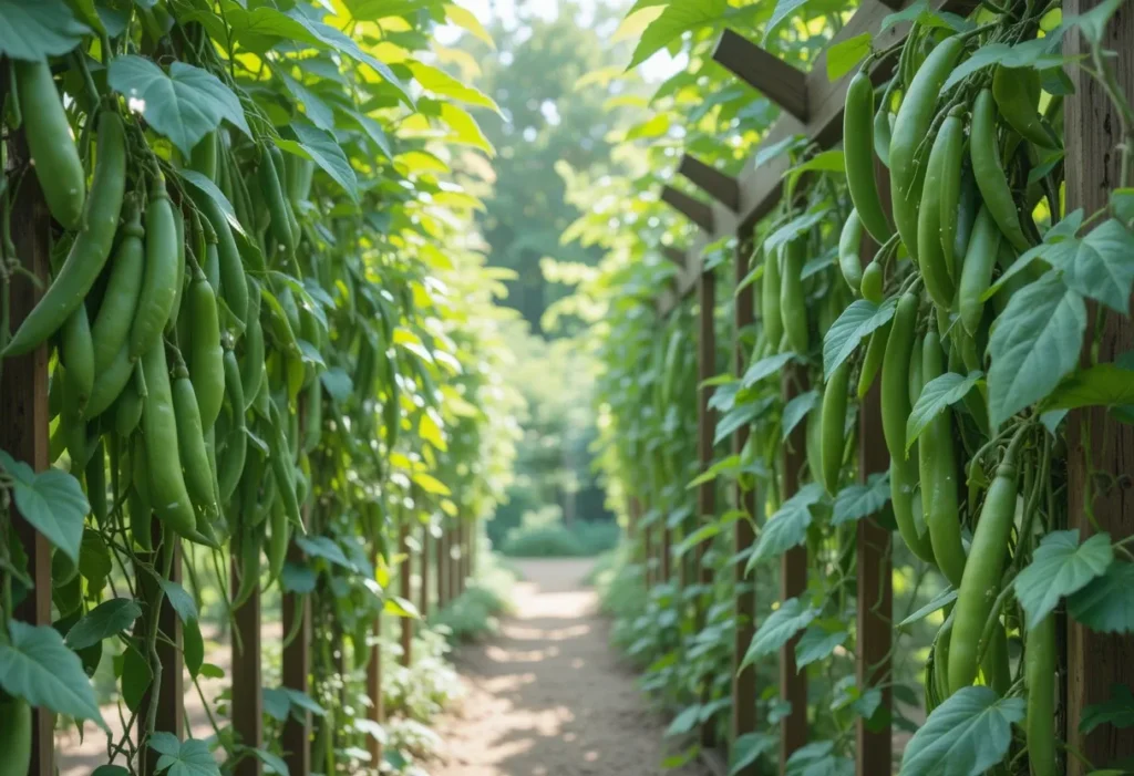 Green bean vines with tender pods growing on trellises in partial shade.