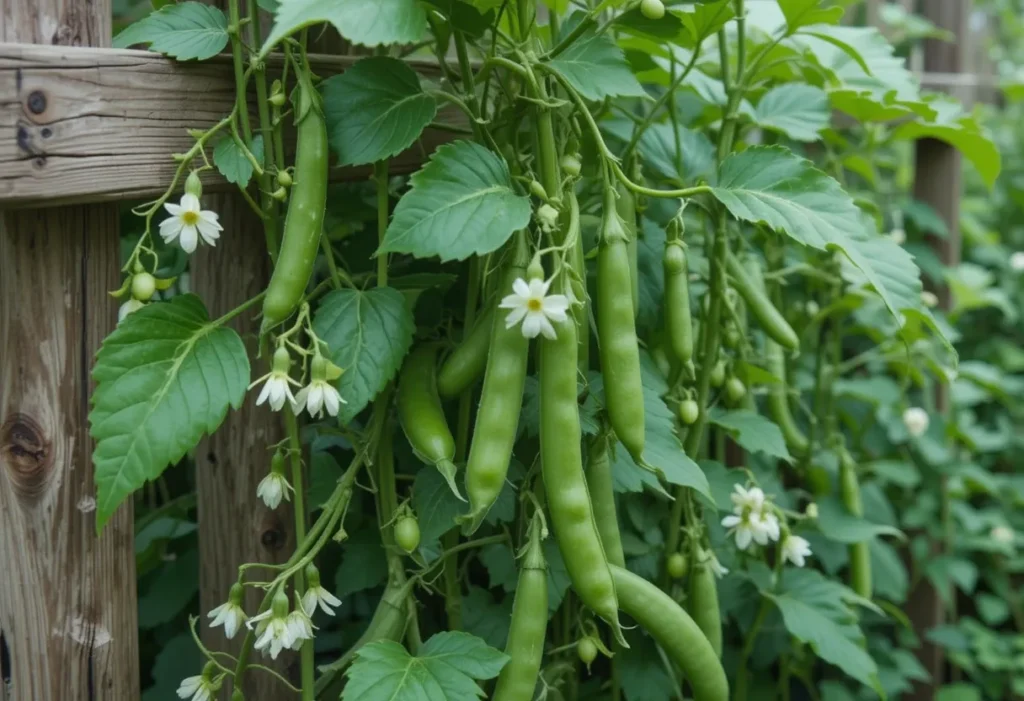 Pea plants with pods growing on a trellis in a shaded garden.