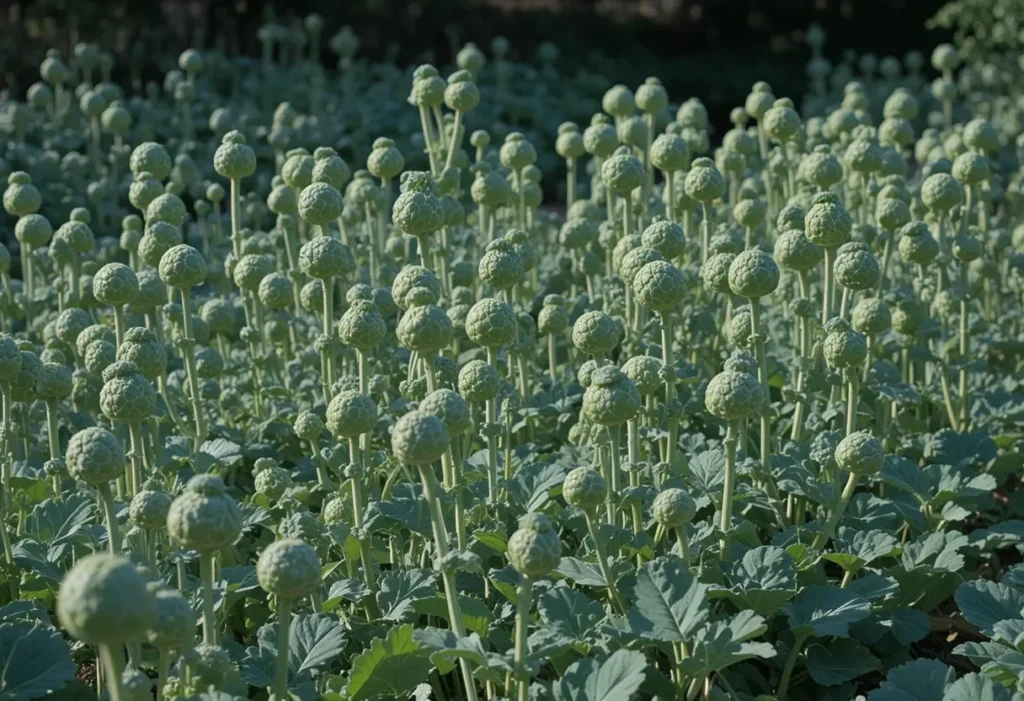 Brussels sprouts plants with small heads growing on tall stalks in partial shade.