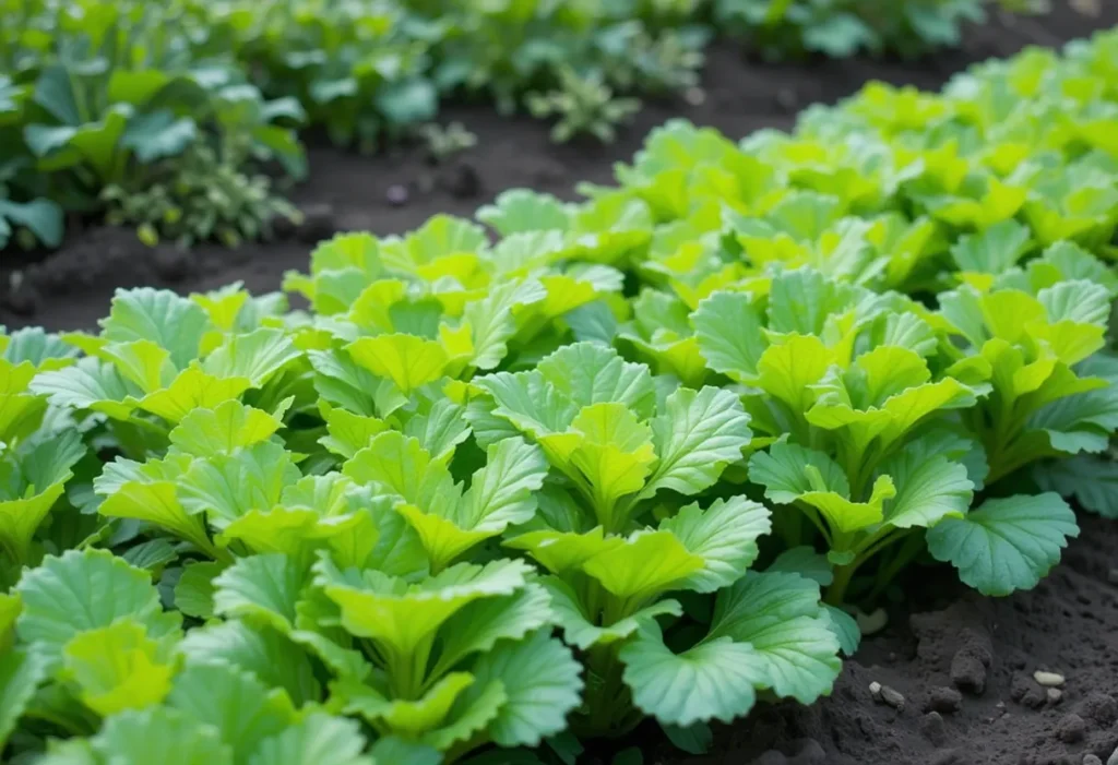  Lush mustard green leaves growing in partial shade.