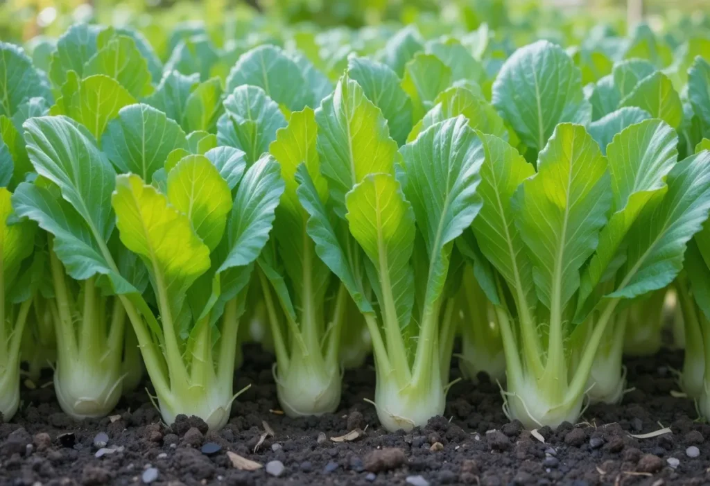 Fresh endive heads growing in a shaded garden.
