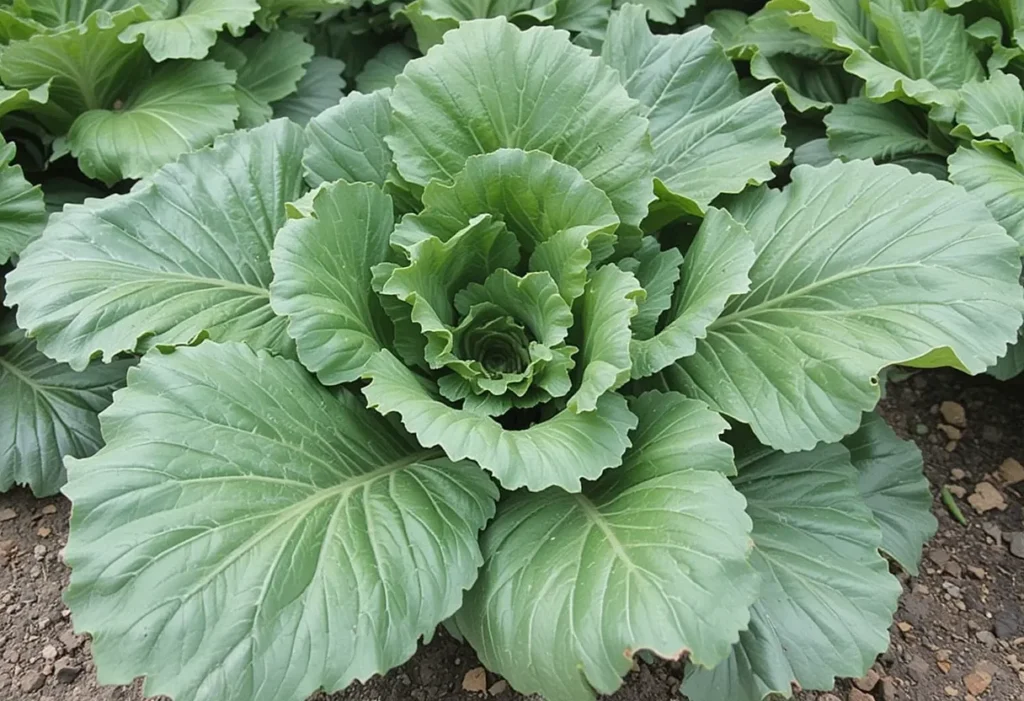 Healthy collard greens growing in partial shade.
